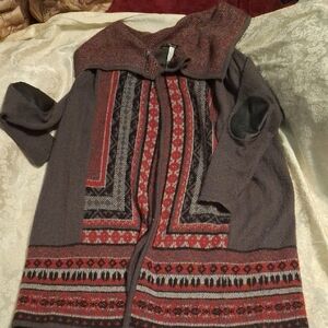 Kensie Red and Gray Knit Cardigan